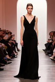 Simple Black Backless V-Neck Sheath Long Evening Dress