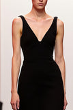 Simple Black Backless V-Neck Sheath Long Evening Dress