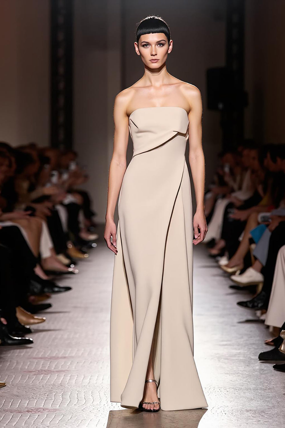 Simple Ivory Sheath Strapless Ruched Long Evening Dress with Slit