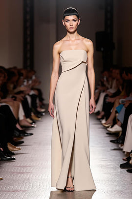 Simple Ivory Sheath Strapless Ruched Long Evening Dress with Slit