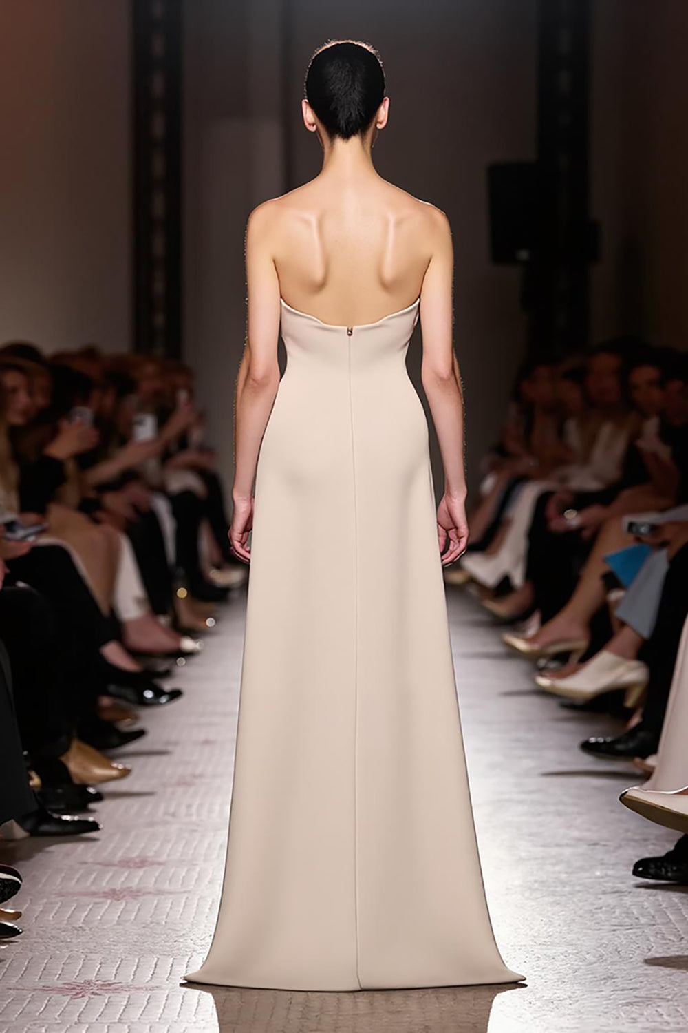 Simple Ivory Sheath Strapless Ruched Long Evening Dress with Slit