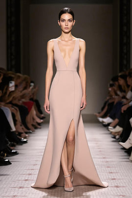 Simple Champagne Satin Deep V-Neck Sheath Long Evening Dress with Slit