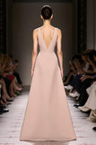 Simple Champagne Satin Deep V-Neck Sheath Long Evening Dress with Slit