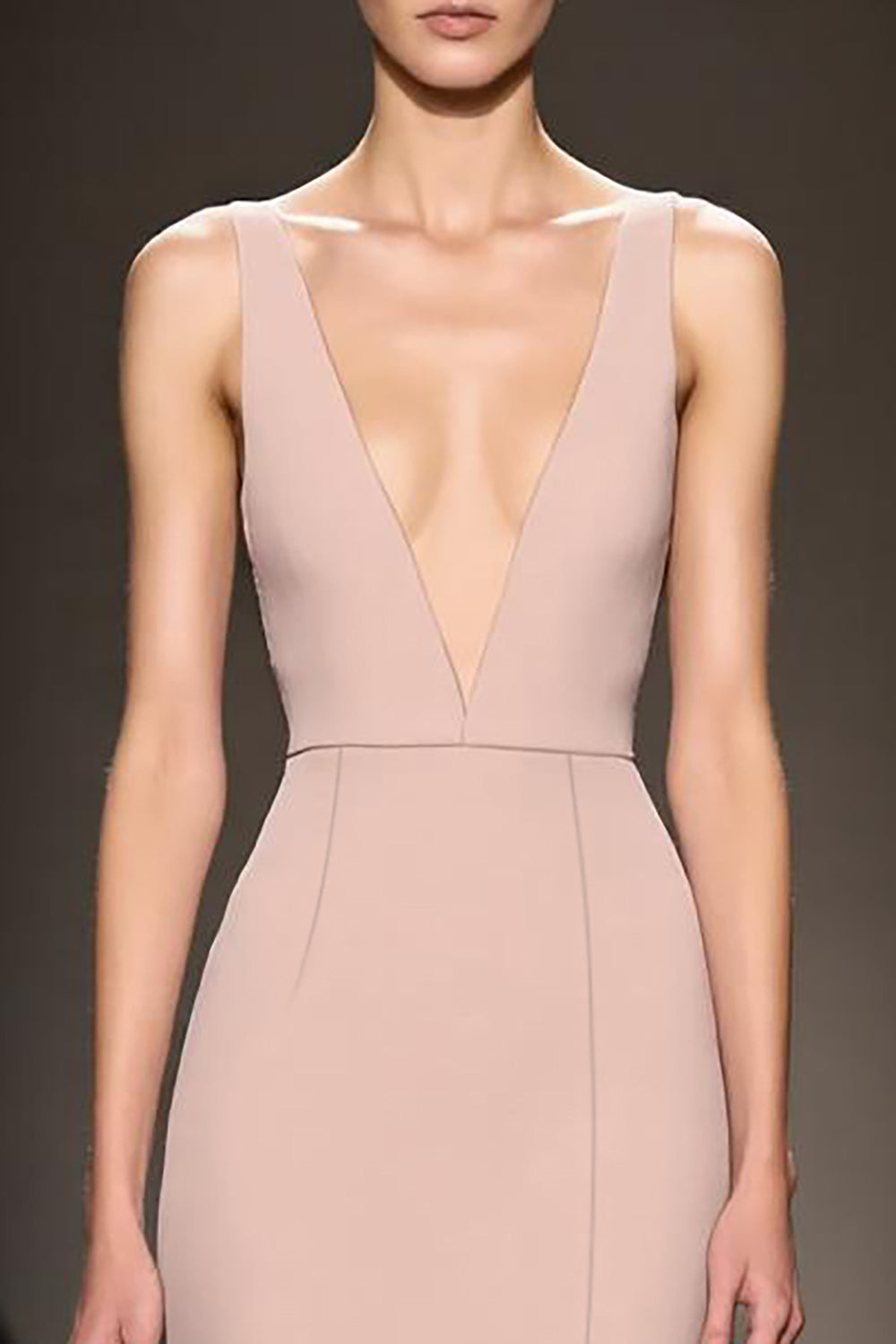 Simple Champagne Satin Deep V-Neck Sheath Long Evening Dress with Slit