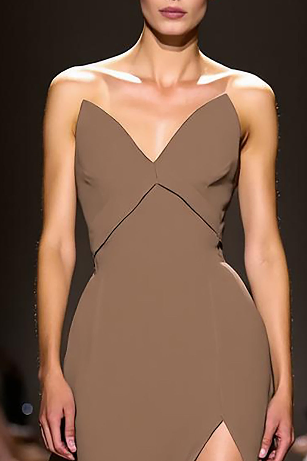 Simple Coffee Satin Sheath Strapless Long Evening Dress with Slit