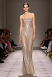 Sparkly Champagne Strapless Backless Long Sequin Evening Dress
