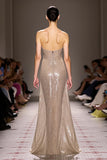 Sparkly Champagne Strapless Backless Long Sequin Evening Dress