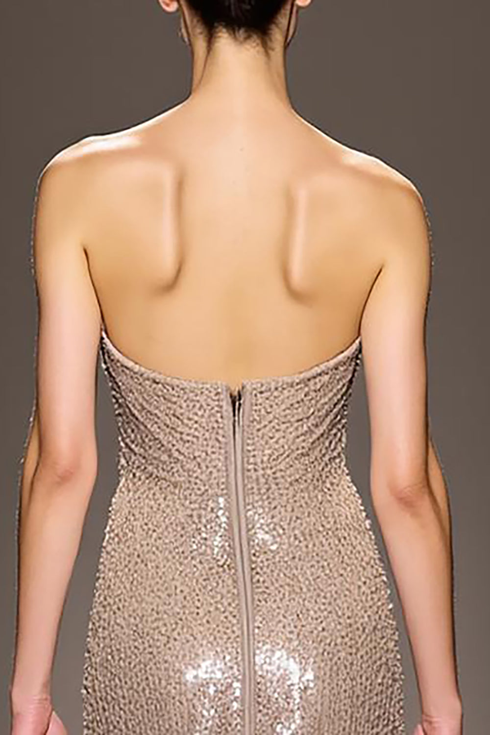 Sparkly Champagne Strapless Backless Long Sequin Evening Dress