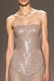 Sparkly Champagne Strapless Backless Long Sequin Evening Dress
