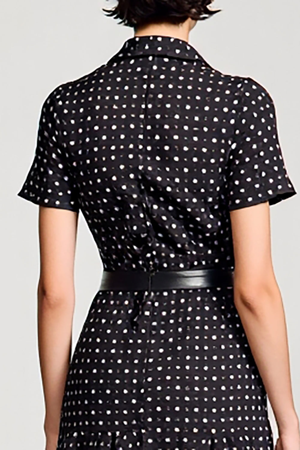 Black Polo Collar A Line Polka Dot Dress with Sleeves