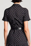 Black Polo Collar A Line Polka Dot Dress with Sleeves