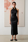 Black Halter Long Wedding Guest Dress with Lace