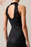 Black Halter Long Wedding Guest Dress with Lace