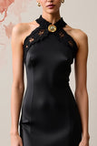 Black Halter Long Wedding Guest Dress with Lace