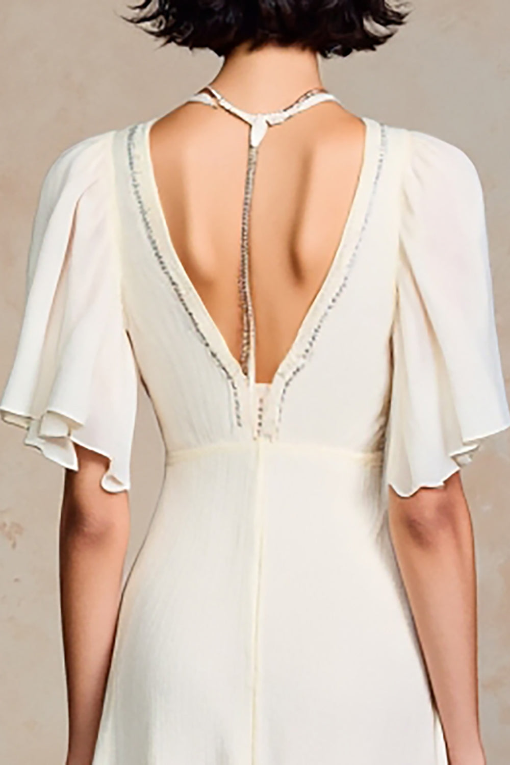 Ivory A Line Chiffon Midi Wedding Guest Dress with Sleeves