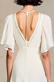 Ivory A Line Chiffon Midi Wedding Guest Dress with Sleeves