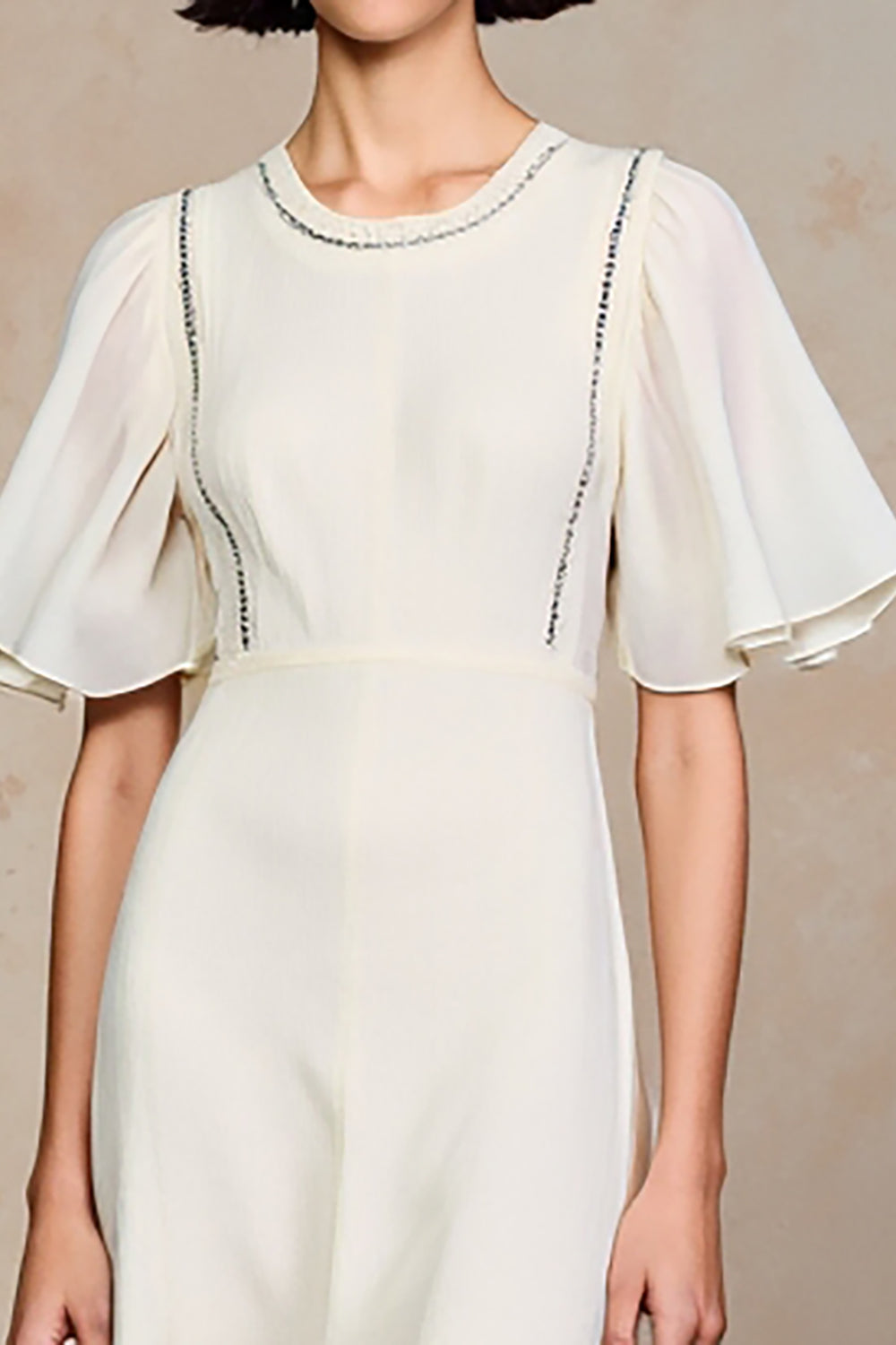 Ivory A Line Chiffon Midi Wedding Guest Dress with Sleeves
