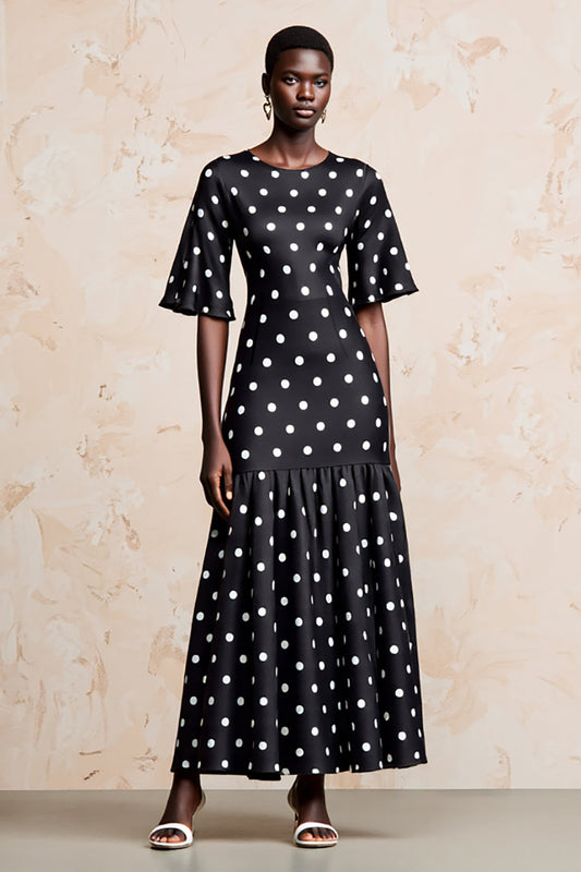 Black A Line Scoop Neck Short Sleeve Polka Dot Dress
