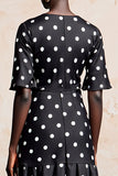 Black A Line Scoop Neck Short Sleeve Polka Dot Dress