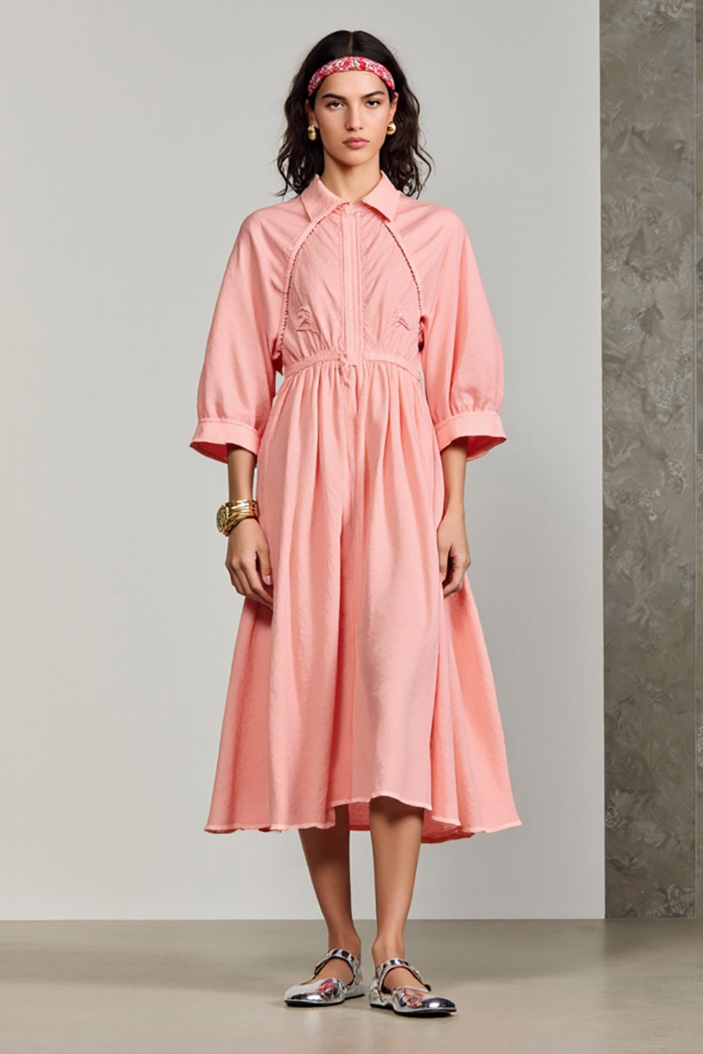 Pink Polo Collar A Line 3/4 Sleeve Midi Wedding Guest Dress