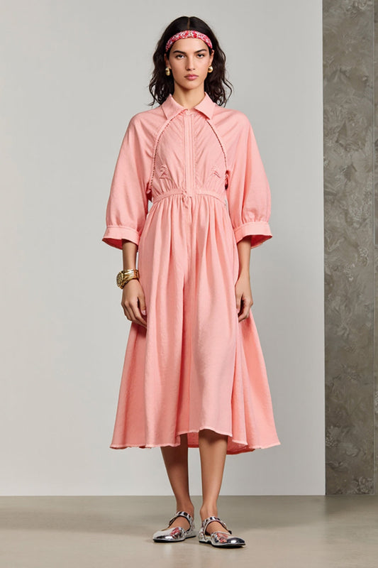 Pink Polo Collar A Line 3/4 Sleeve Midi Wedding Guest Dress