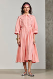 Pink Polo Collar A Line 3/4 Sleeve Midi Wedding Guest Dress