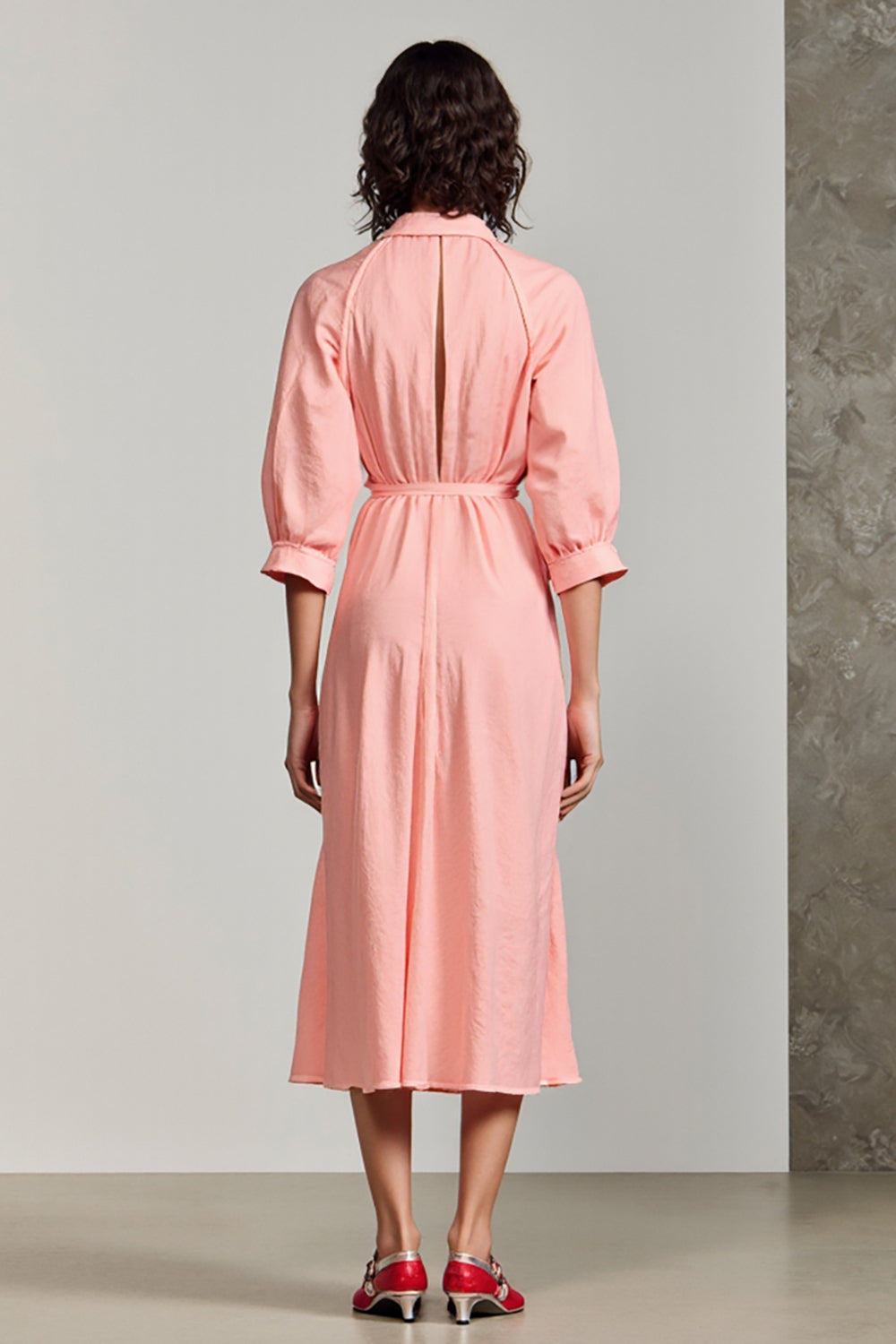 Pink Polo Collar A Line 3/4 Sleeve Midi Wedding Guest Dress
