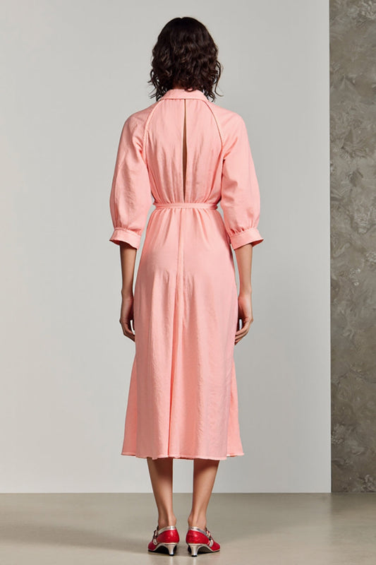 Pink Polo Collar A Line 3/4 Sleeve Midi Wedding Guest Dress