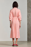 Pink Polo Collar A Line 3/4 Sleeve Midi Wedding Guest Dress