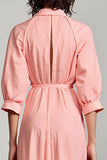 Pink Polo Collar A Line 3/4 Sleeve Midi Wedding Guest Dress