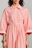 Pink Polo Collar A Line 3/4 Sleeve Midi Wedding Guest Dress