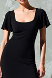 Black Square Neck A Line Midi Wedding Guest Dress