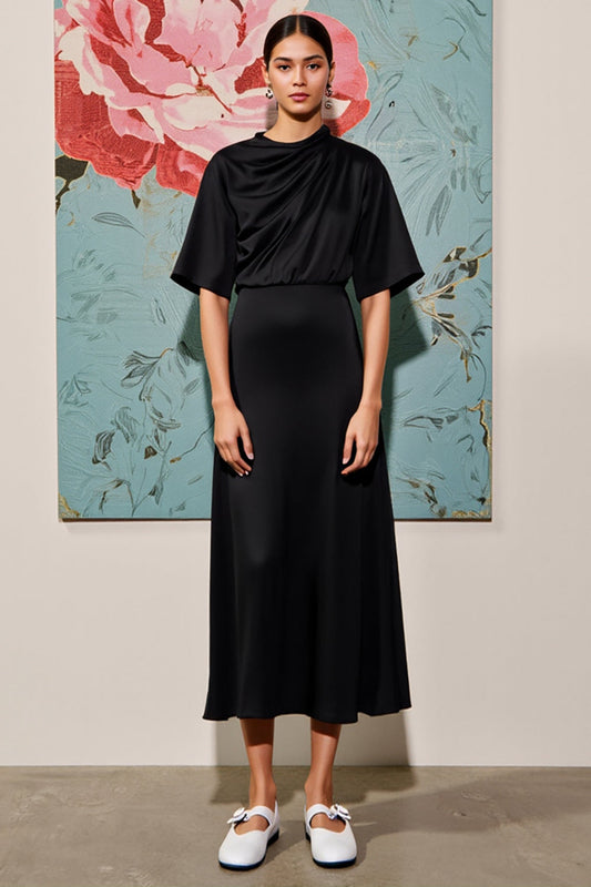 Black A Line Ruched Wedding Guest Dress with Sleeves
