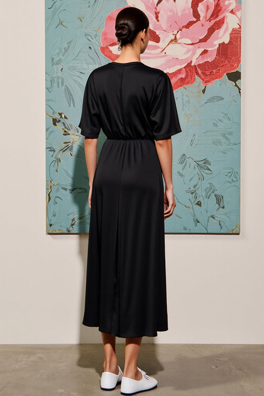 Black A Line Ruched Wedding Guest Dress with Sleeves
