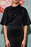 Black A Line Ruched Wedding Guest Dress with Sleeves