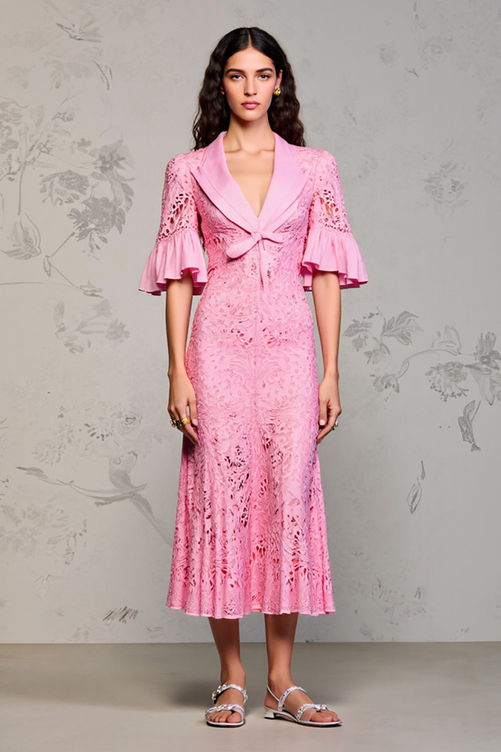 Pink Lace Lapel Ruffled Wedding Guest Dress with Sleeves
