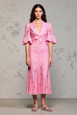 Pink Lace Lapel Ruffled Wedding Guest Dress with Sleeves