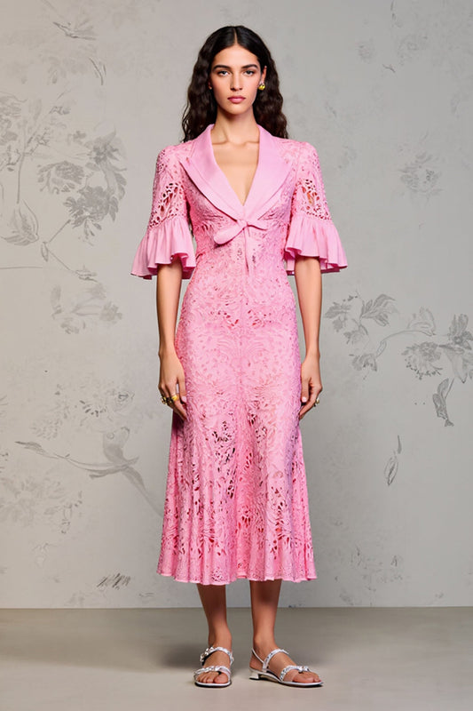 Pink Lace Lapel Ruffled Wedding Guest Dress with Sleeves