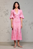 Pink Lace Lapel Ruffled Wedding Guest Dress with Sleeves