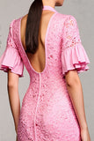 Pink Lace Lapel Ruffled Wedding Guest Dress with Sleeves