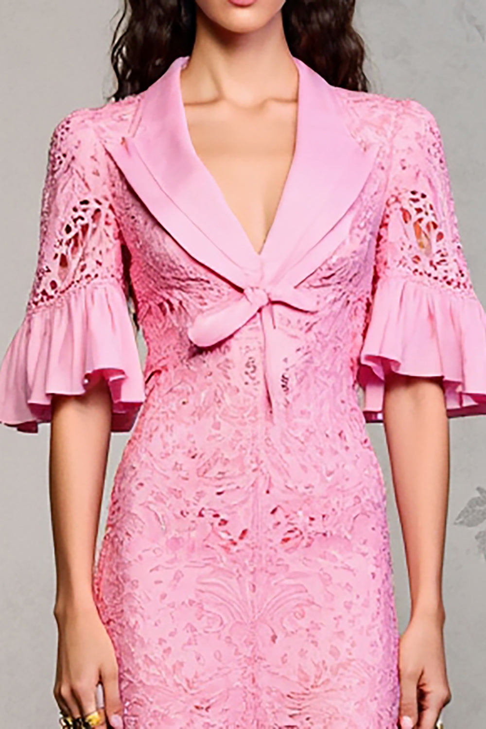 Pink Lace Lapel Ruffled Wedding Guest Dress with Sleeves