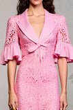 Pink Lace Lapel Ruffled Wedding Guest Dress with Sleeves