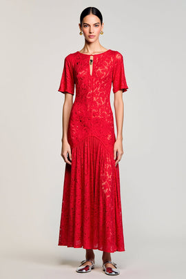 Red A Line Cut Out Lace Wedding Guest Dress with Sleeves