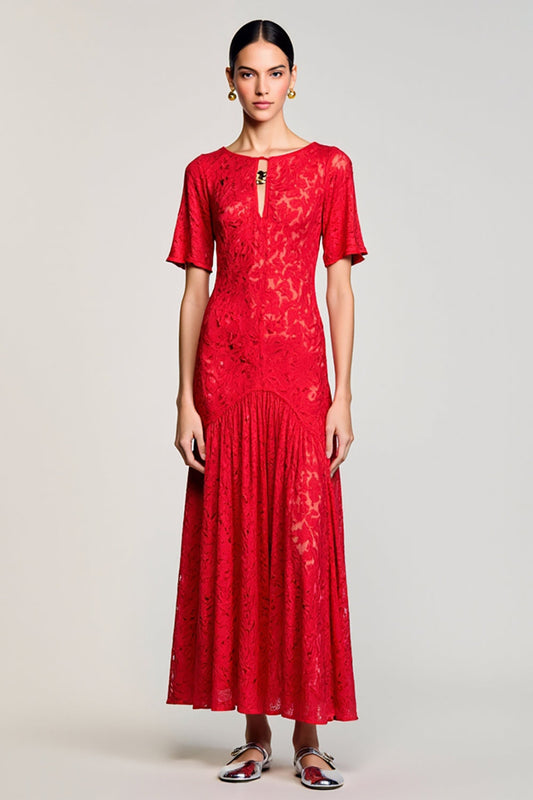Red A Line Cut Out Lace Wedding Guest Dress with Sleeves