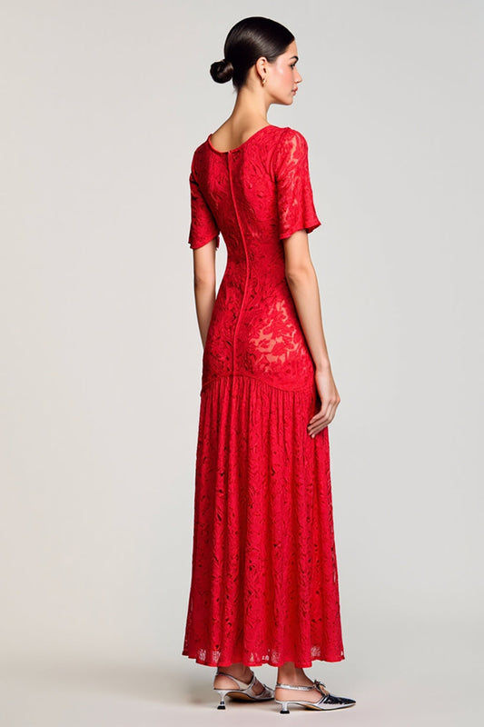Red A Line Cut Out Lace Wedding Guest Dress with Sleeves