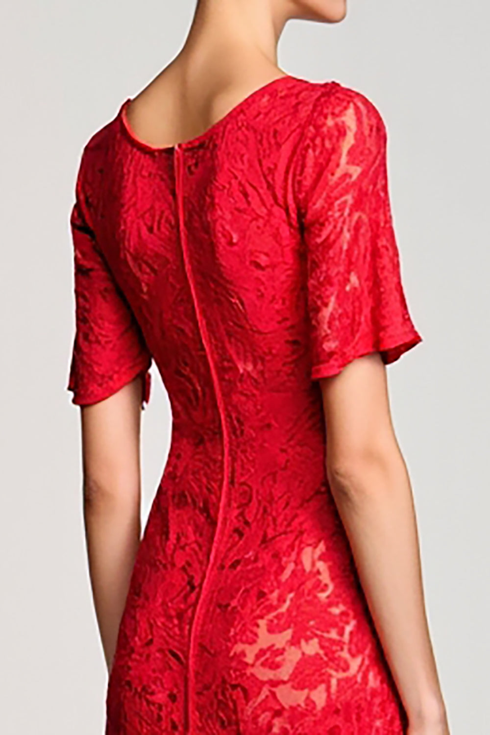 Red A Line Cut Out Lace Wedding Guest Dress with Sleeves