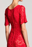 Red A Line Cut Out Lace Wedding Guest Dress with Sleeves
