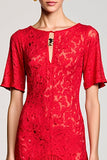 Red A Line Cut Out Lace Wedding Guest Dress with Sleeves