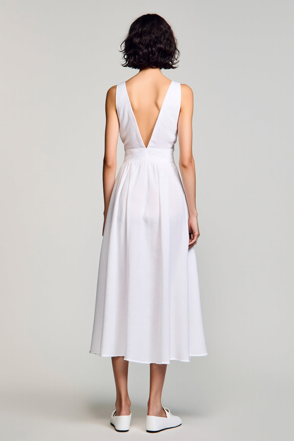 White V-Neck A Line Midi Wedding Guest Dress