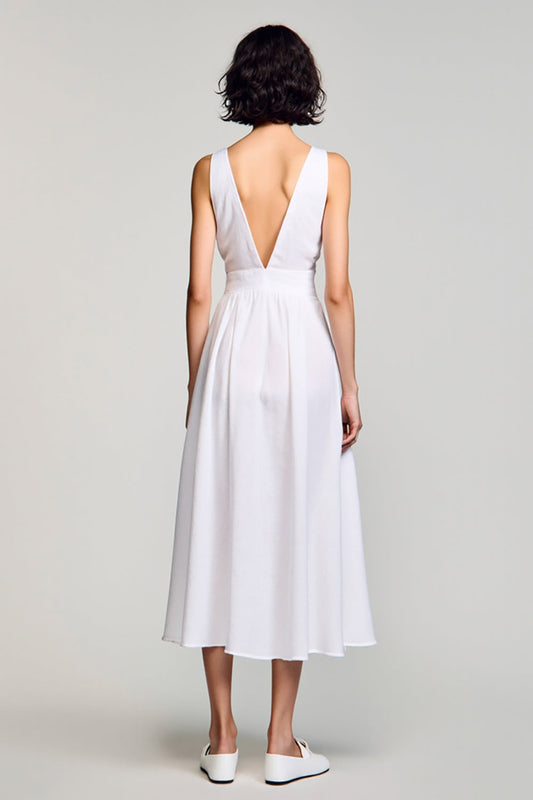 White V-Neck A Line Midi Wedding Guest Dress